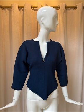 Tory Burch Navy Pointed-Hem Knit Crop Top with Keyhole Zip
